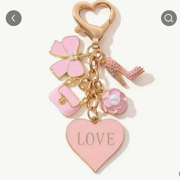 Pink Mini Bag Charm Keychain - Adorable Metal Round Love Theme Keyring - Picture 1 of 5